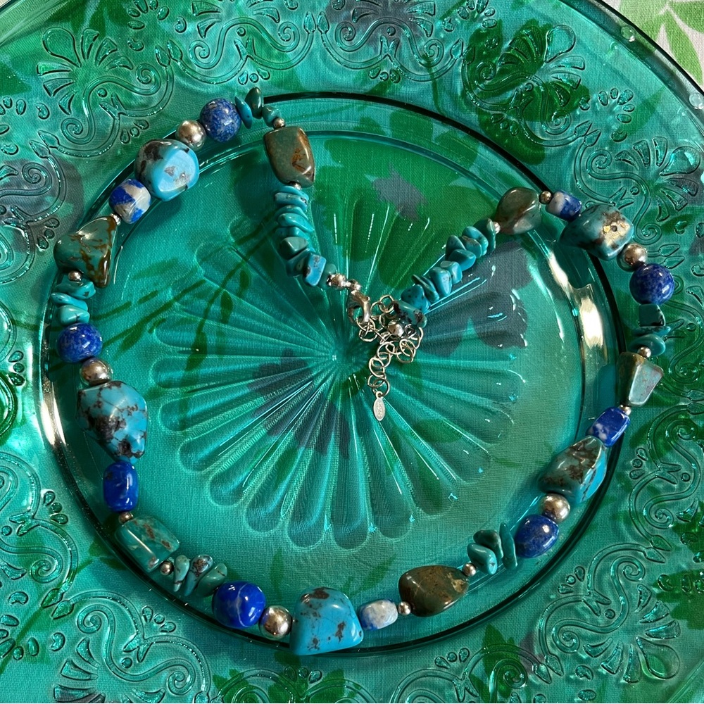 Vintage Southwestern Turquoise Lapis Lazuli Beaded Sterling Silver 925 Necklace